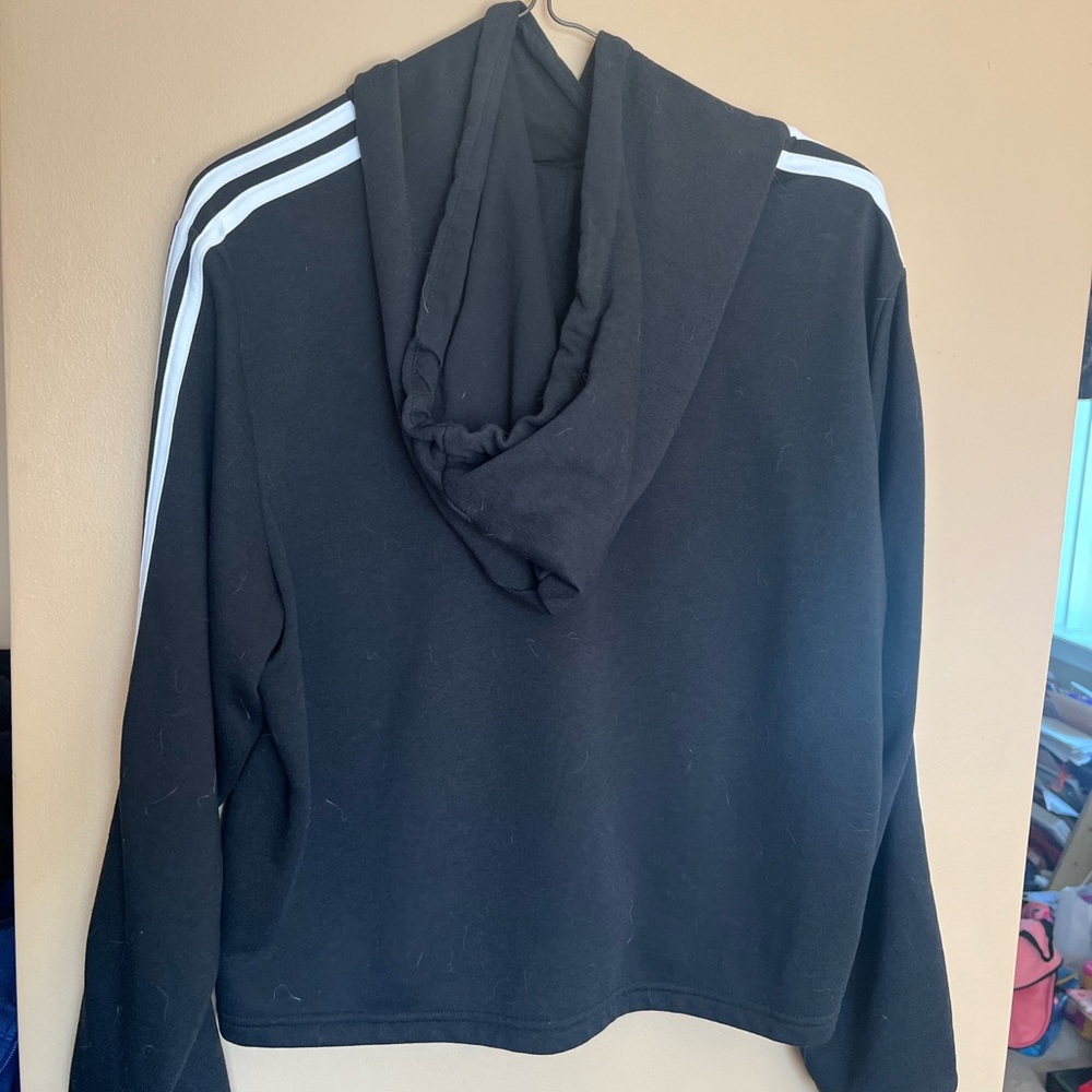 Adidas Cropped black hoodie 3 stripe LARGE EUC - Picture 2 of 2